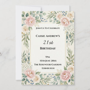Blush Pink Floral Fern Wreath Birthday Invitation