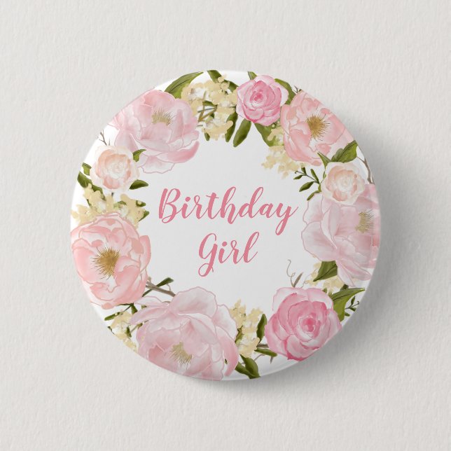 Blush Pink Floral First 1st Birthday Round Badge (Front)