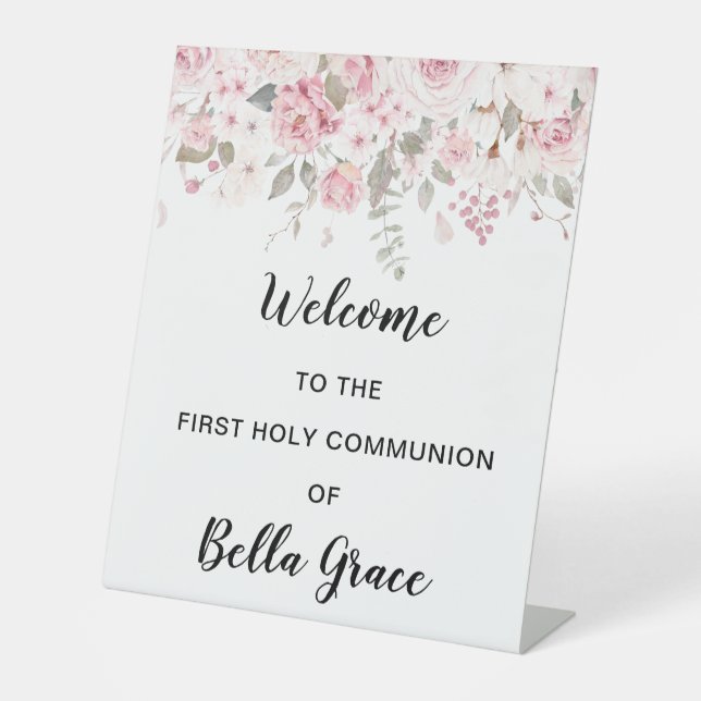 Blush Pink Floral First Communion Welcome Pedestal Sign (Front)
