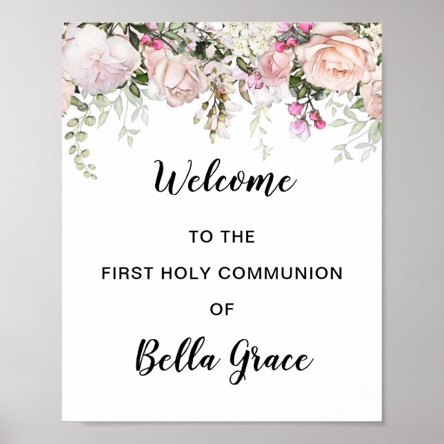 Blush Pink Floral First Communion Welcome Sign (Front)