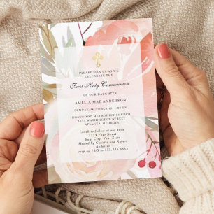 Blush Pink Floral First Holy Communion Invitation