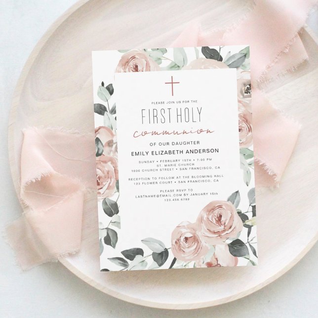 Blush Pink Floral First Holy Communion Invitation (Creator Uploaded)