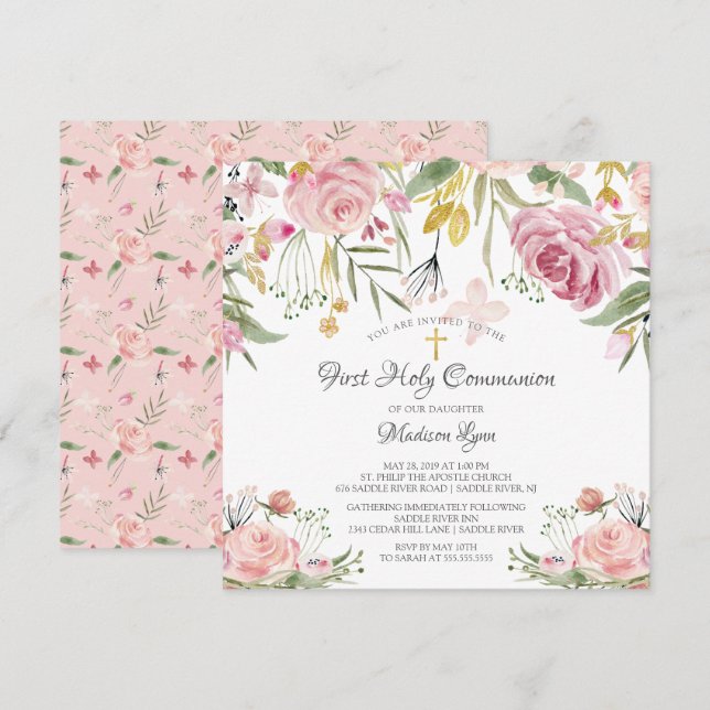 Blush Pink Floral First Holy Communion Invitation (Front/Back)