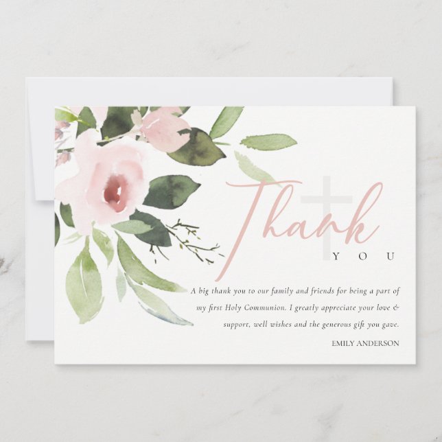 BLUSH PINK FLORAL FIRST HOLY COMMUNION THANK YOU INVITATION (Front)