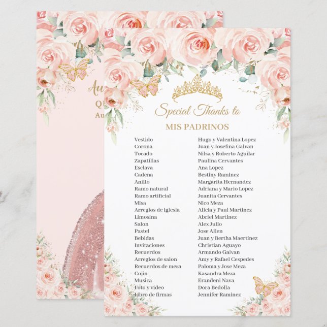 Blush Pink Floral Flowers Mis Padrinos Quinceañera (Front/Back)