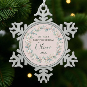 Blush Pink Floral Frame Baby’s First Christmas Snowflake Pewter Christmas Ornament