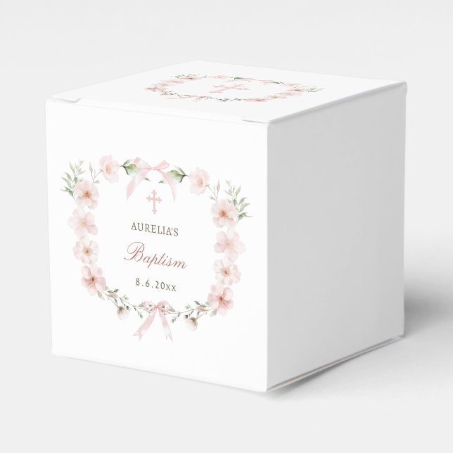 Blush Pink Floral Frame Baptism Cube Favour Box (Front Side)