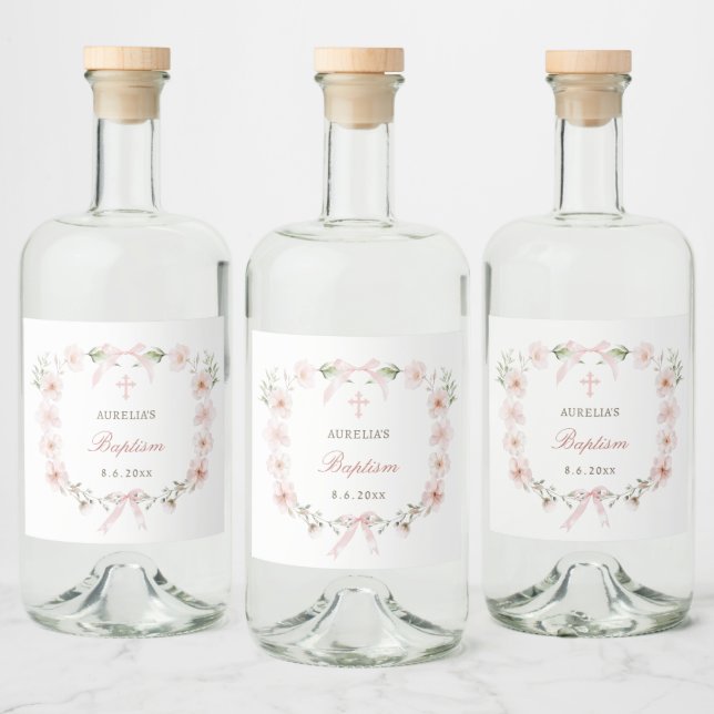 Blush Pink Floral Frame Baptism Liquor Bottle Label (Bottles)