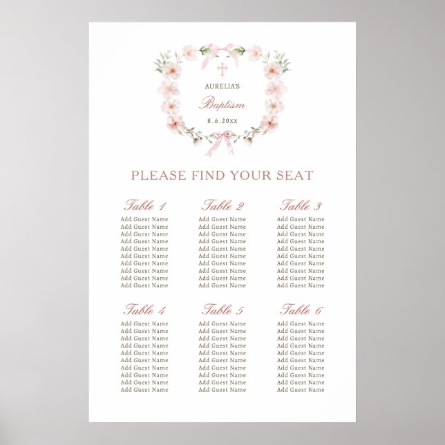 Blush Pink Floral Frame Baptism Seating Chart (Front)