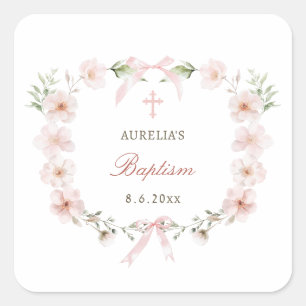 Blush Pink Floral Frame Baptism Square Sticker