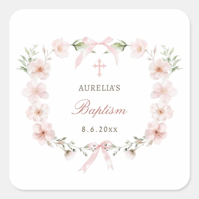 Blush Pink Floral Frame Baptism Square Sticker (Front)