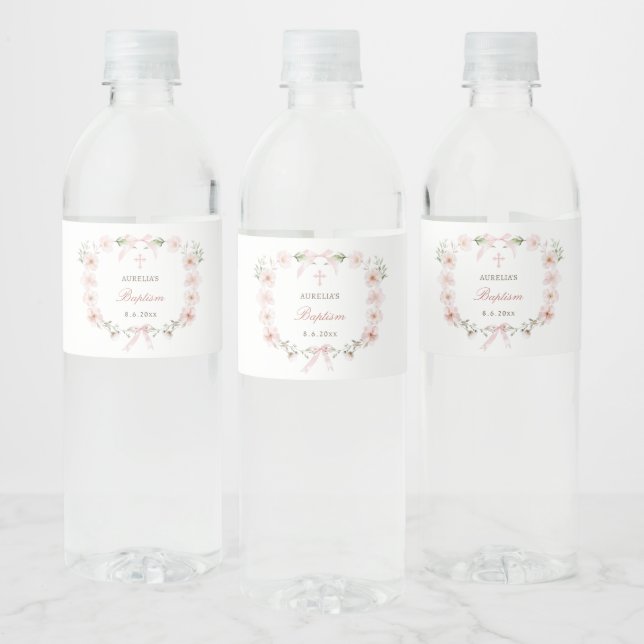 Blush Pink Floral Frame Baptism Water Bottle Label (Bottles)
