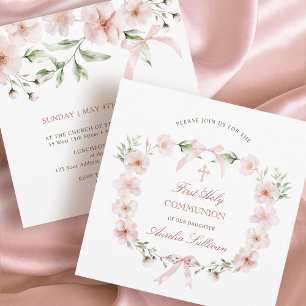 Blush Pink Floral Frame First Communion Square Invitation
