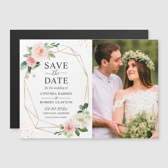 Blush Pink Floral Frame Photo Save the Date Magnet (Front/Back)