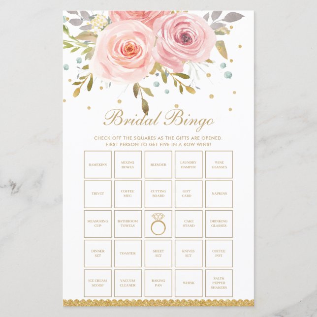 Blush Pink Floral Fun Bridal Shower Bingo Game (Front)