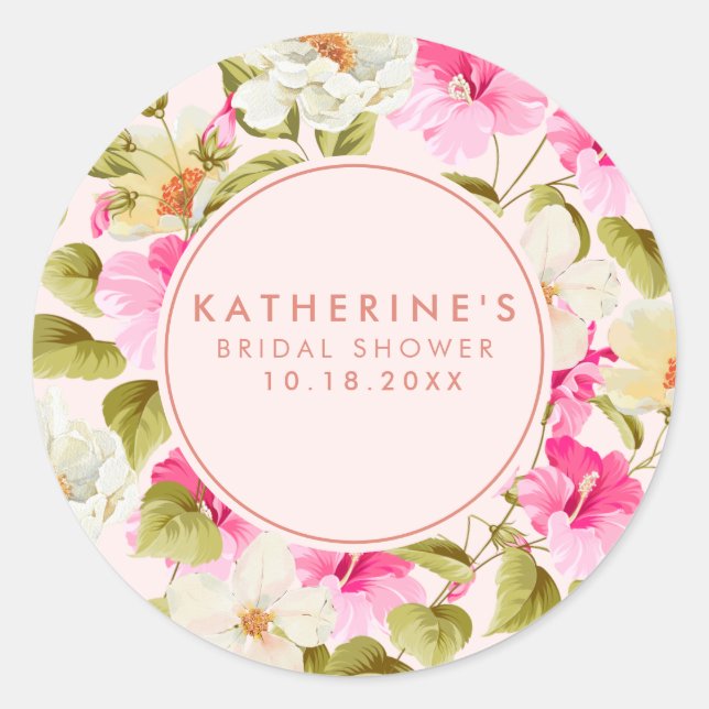 Blush pink floral garden flowers Bridal shower Classic Round Sticker (Front)