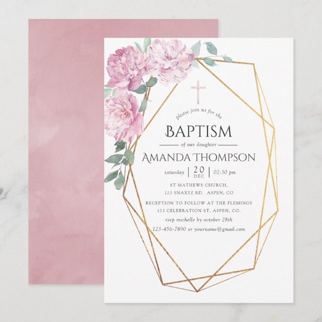 Blush Pink Floral Geometric Baptism or Christening Invitation (Front/Back)