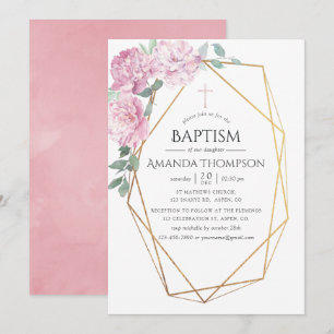 Blush Pink Floral Geometric Baptism or Christening Invitation