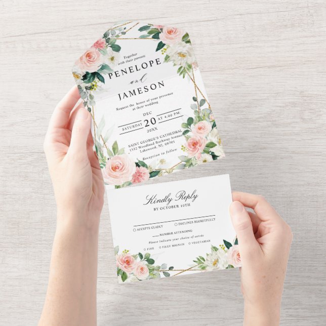 Blush Pink Floral Geometric Botanical Wedding All In One Invitation (Tearaway)