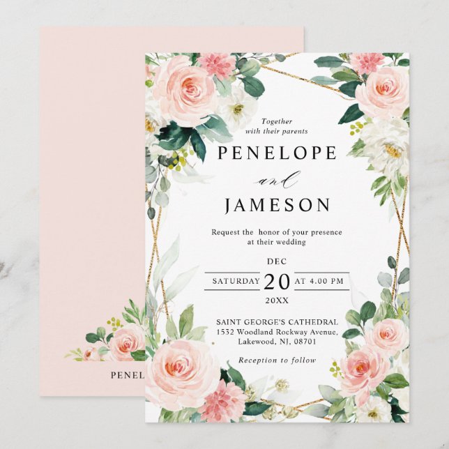Blush Pink Floral Geometric Botanical Wedding Invi Invitation (Front/Back)