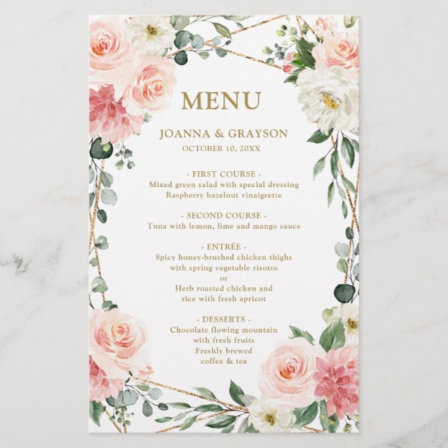 Blush Pink Floral Geometric Botanical Wedding Menu (Front)