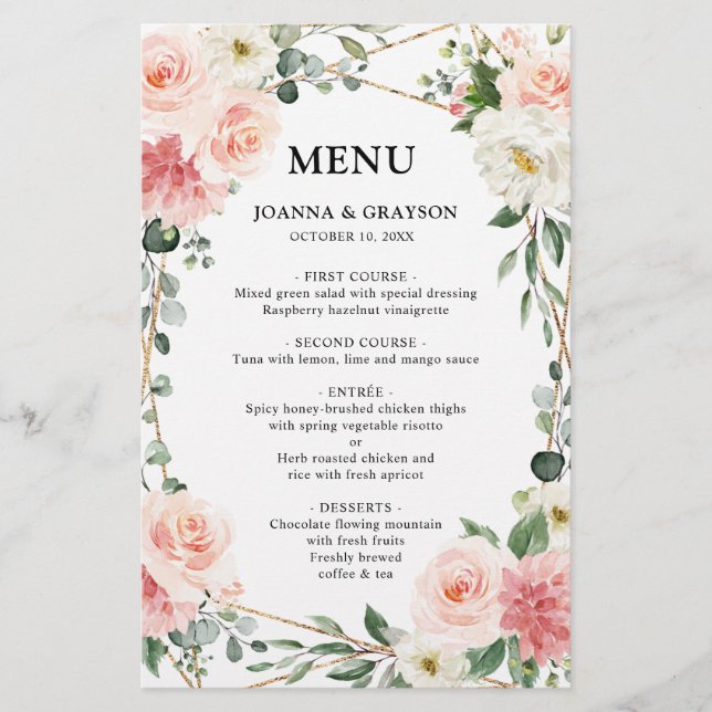 Blush Pink Floral Geometric Botanical Wedding Menu (Front)