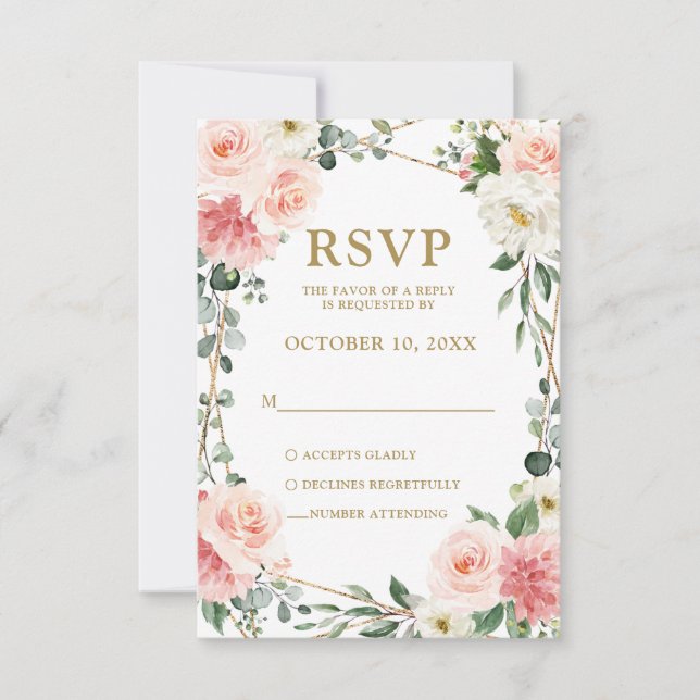 Blush Pink Floral Geometric Botanical Wedding RSVP Card (Front)