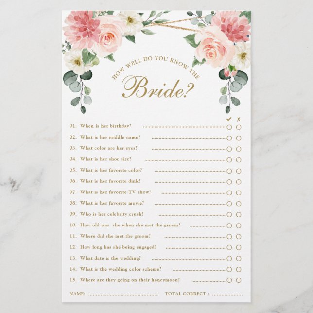 Blush Pink Floral Geometric Bridal Shower Game (Front)
