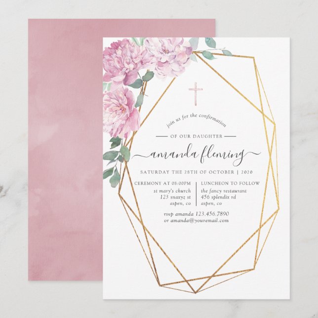 Blush Pink Floral Geometric Confirmation Invitation (Front/Back)