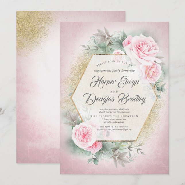 Blush Pink Floral Geometric Frame Engagement Party Invitation (Front/Back)