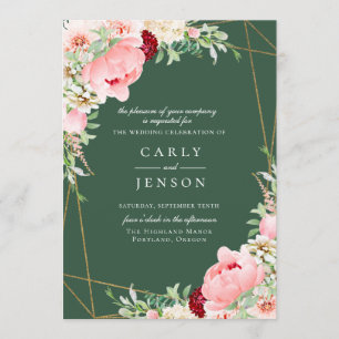 Blush Pink Floral Geometric Green Wedding Invitation