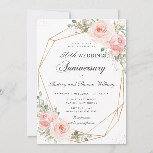 Blush Pink Floral Geometric Wedding Anniversary Invitation (Front)