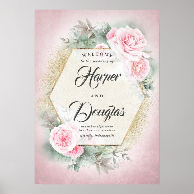 Blush Pink Floral Geometric Wedding Welcome Sign (Front)