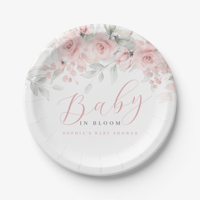 Blush Pink Floral Girl Baby in Bloom Paper Plate (Front)
