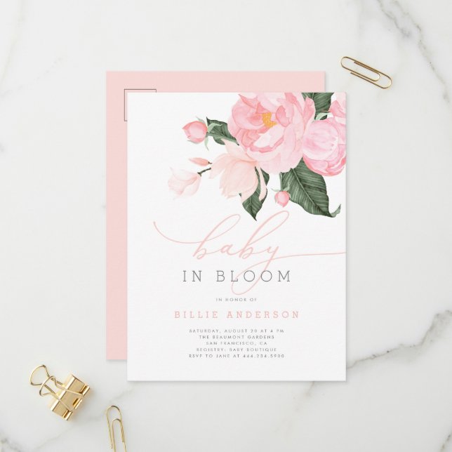 Blush Pink Floral Girl Baby in Bloom Shower Invitation Postcard (Front/Back In Situ)