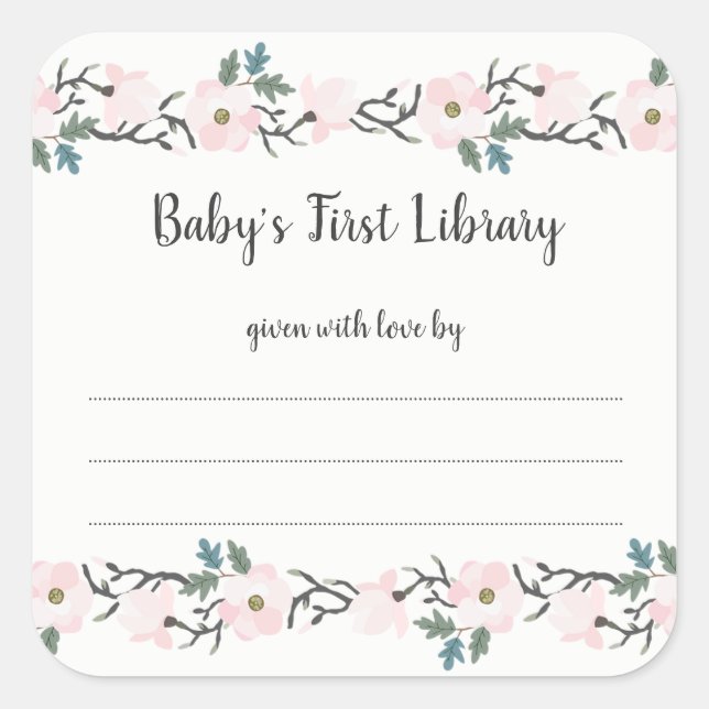 Blush Pink Floral girl baby shower bookplate Square Sticker (Front)