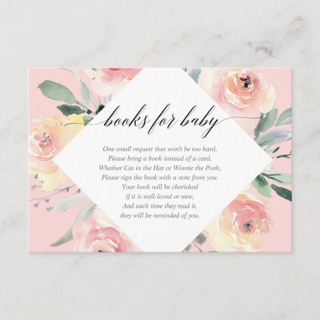 Blush pink floral girl baby shower books for baby enclosure card (Front)