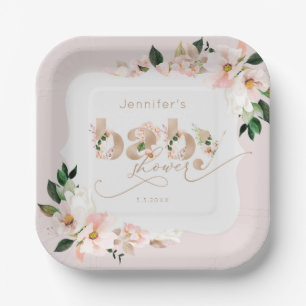 Blush pink floral girl baby shower bracket shape paper plate