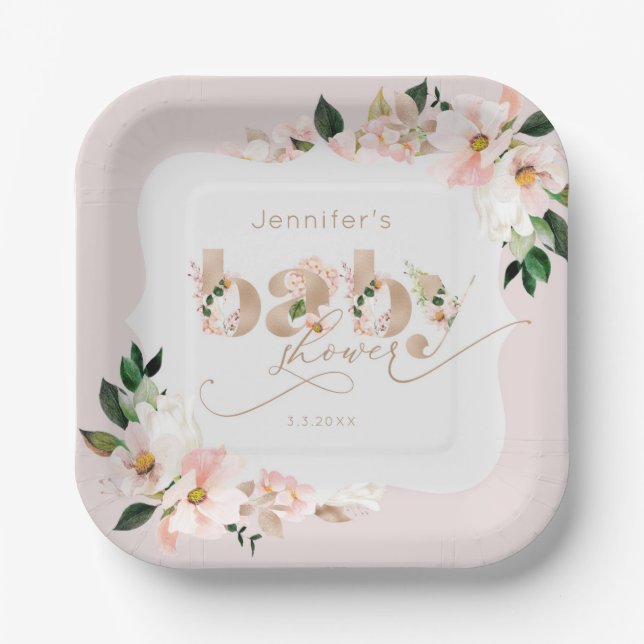 Blush pink floral girl baby shower bracket shape paper plate (Front)