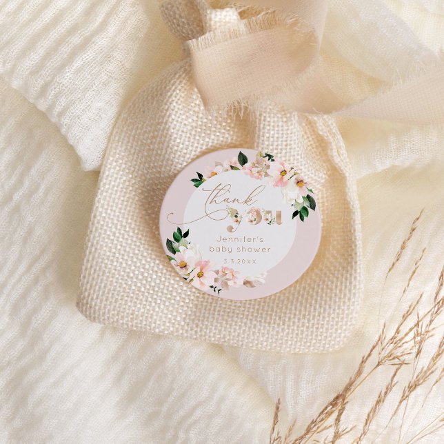Blush pink floral girl baby shower thank you classic round sticker (Creator Uploaded)