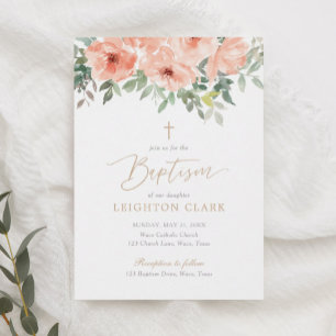 Blush Pink Floral Girl Baptism Invitation