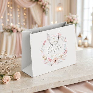 Blush Pink Floral Girl Baptism Large Gift Bag
