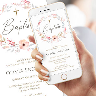 Blush Pink Floral Girl Baptism Mobile Invitation