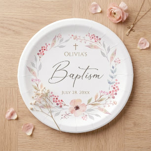 Blush Pink Floral Girl Baptism Round Paper Plate