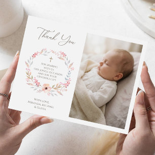 Blush Pink Floral Girl Baptism Thank You Card