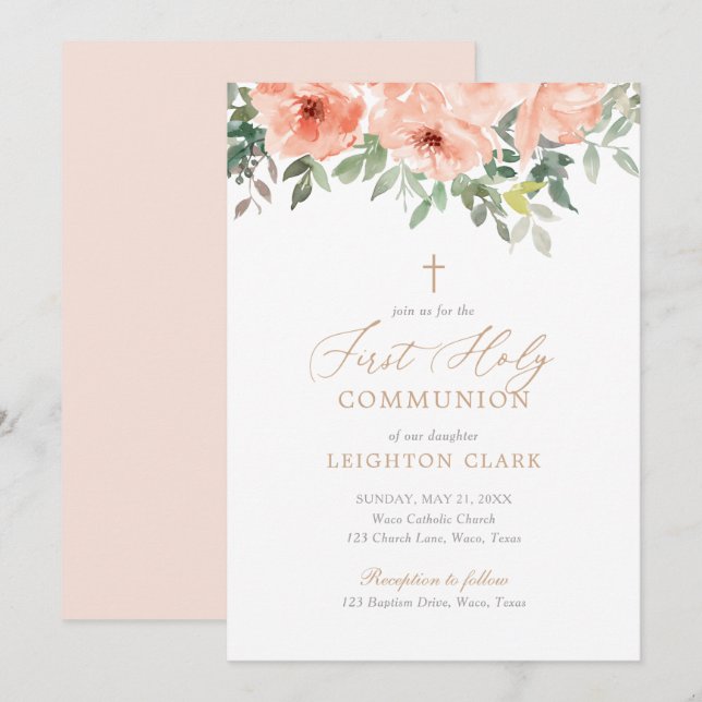 Blush Pink Floral Girl First Communion Invitation (Front/Back)