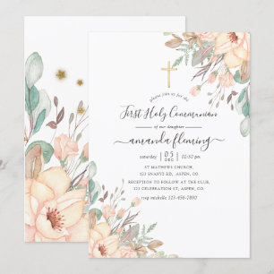 Blush Pink Floral Girl First Holy Communion Invitation
