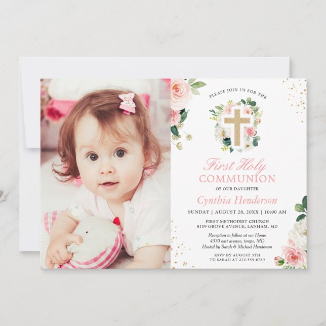 Blush Pink Floral Girl First Holy Communion Photo Invitation (Front)