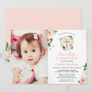 Blush Pink Floral Girl First Holy Communion Photo Invitation