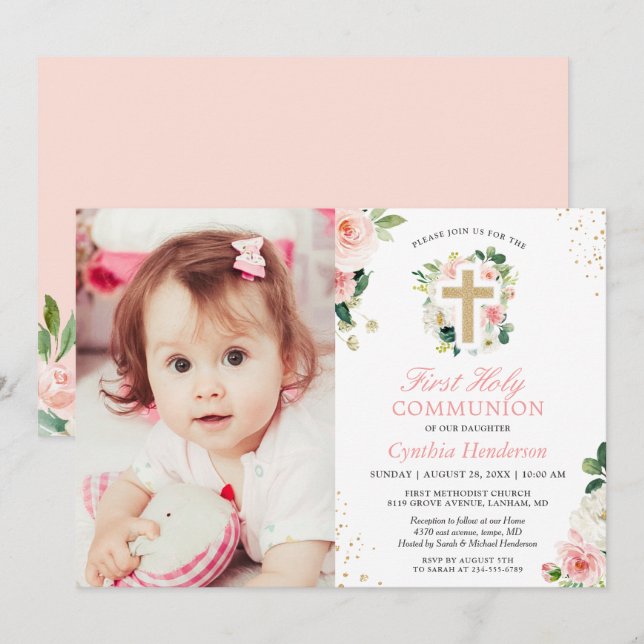 Blush Pink Floral Girl First Holy Communion Photo Invitation (Front/Back)